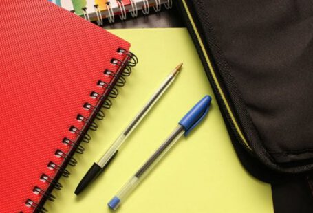 School Supplies - Black and Blue Pens Beside Red Covered Notebook